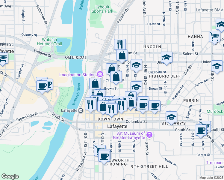 map of restaurants, bars, coffee shops, grocery stores, and more near 425 North 5th Street in Lafayette