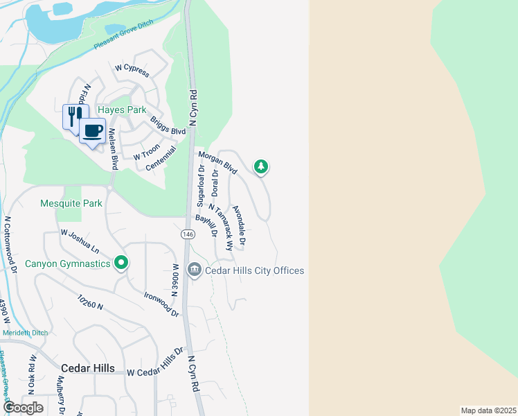 map of restaurants, bars, coffee shops, grocery stores, and more near 10438 Morgan Boulevard in Cedar Hills
