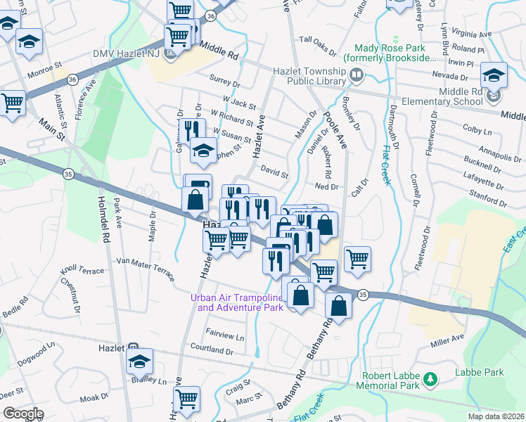 map of restaurants, bars, coffee shops, grocery stores, and more near 3121 New Jersey 35 in Hazlet
