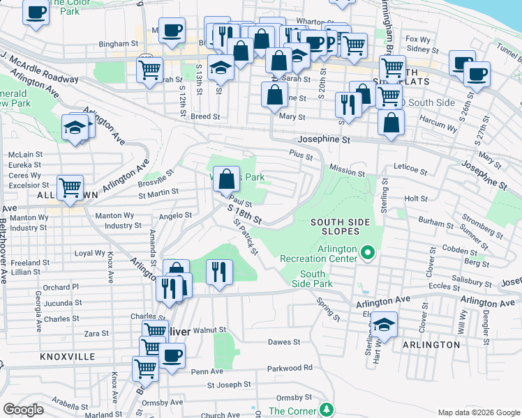map of restaurants, bars, coffee shops, grocery stores, and more near 1822 Saint Paul Street in Pittsburgh