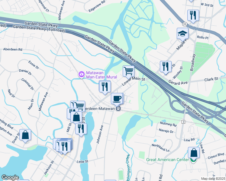 map of restaurants, bars, coffee shops, grocery stores, and more near 12 Main Street in Matawan