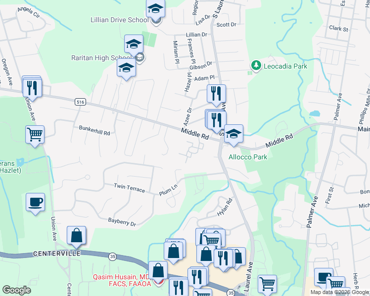 map of restaurants, bars, coffee shops, grocery stores, and more near 115 Lexington Court in Holmdel