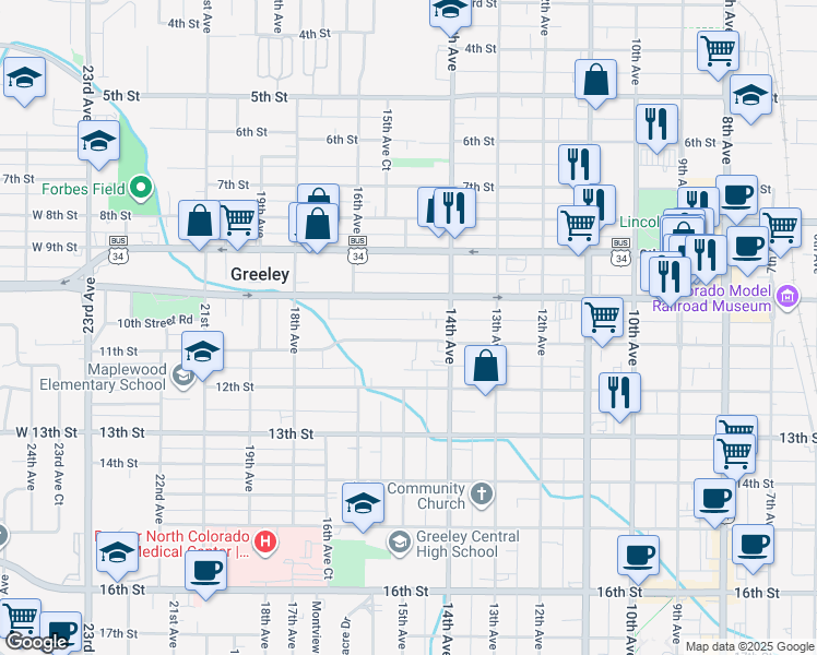 map of restaurants, bars, coffee shops, grocery stores, and more near 1428 10th Street in Greeley