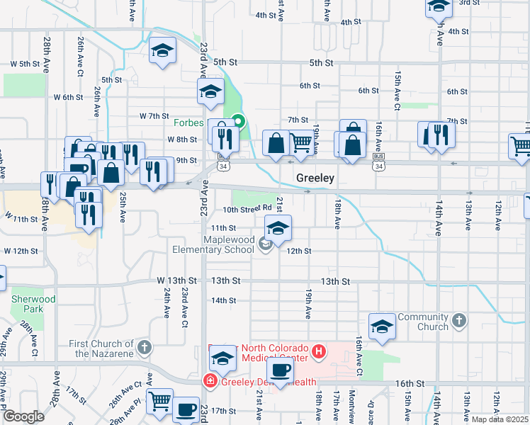 map of restaurants, bars, coffee shops, grocery stores, and more near 2110 10th Street Road in Greeley