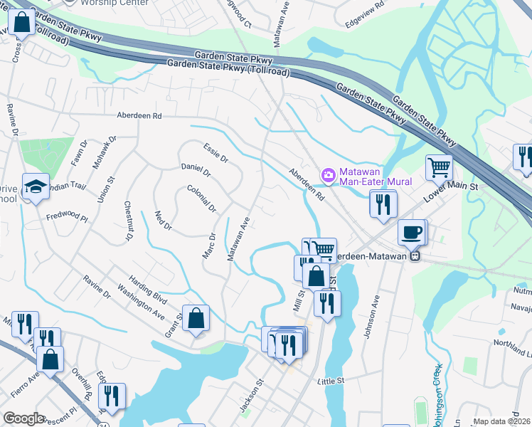 map of restaurants, bars, coffee shops, grocery stores, and more near 29 Crest Circle in Matawan