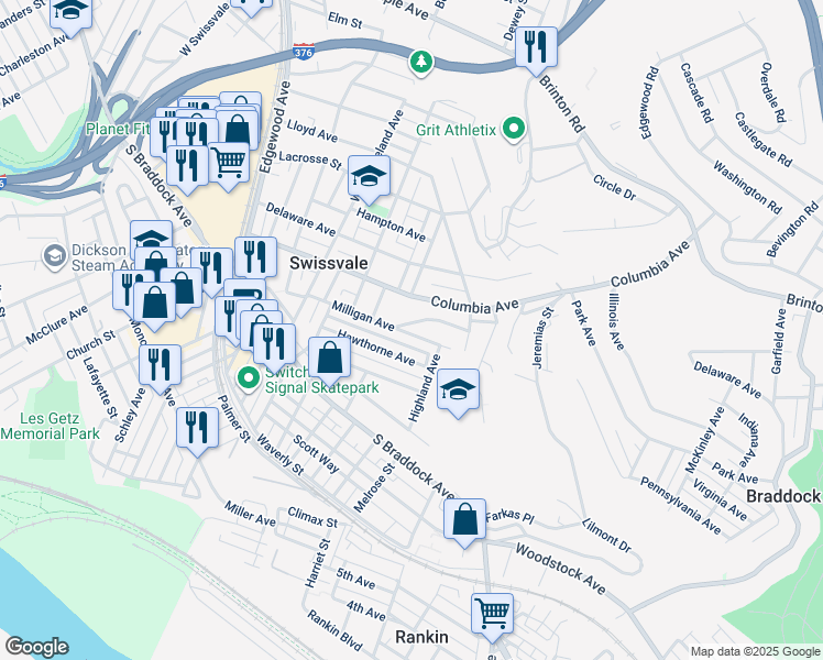 map of restaurants, bars, coffee shops, grocery stores, and more near 2319 Patterson Avenue in Swissvale