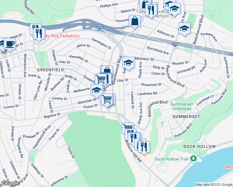 map of restaurants, bars, coffee shops, grocery stores, and more near 3478 Beechwood Boulevard in Pittsburgh