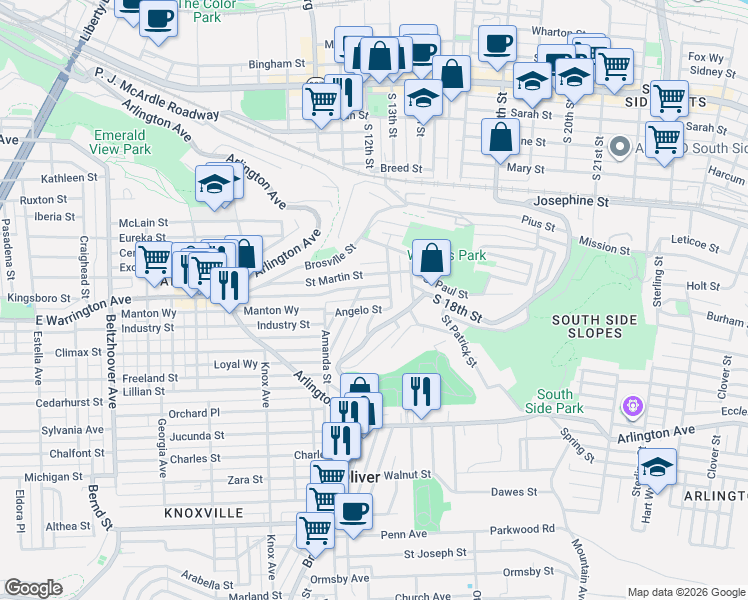 map of restaurants, bars, coffee shops, grocery stores, and more near 1115 East Warrington Avenue in Pittsburgh