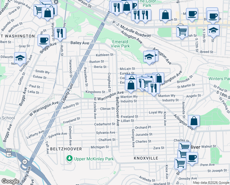 map of restaurants, bars, coffee shops, grocery stores, and more near in Pittsburgh