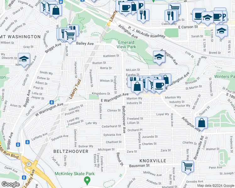 map of restaurants, bars, coffee shops, grocery stores, and more near in Pittsburgh