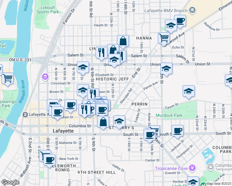 map of restaurants, bars, coffee shops, grocery stores, and more near 1300 Brown Street in Lafayette