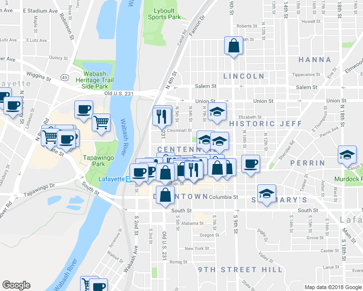 map of restaurants, bars, coffee shops, grocery stores, and more near 500 North 5th Street in Lafayette