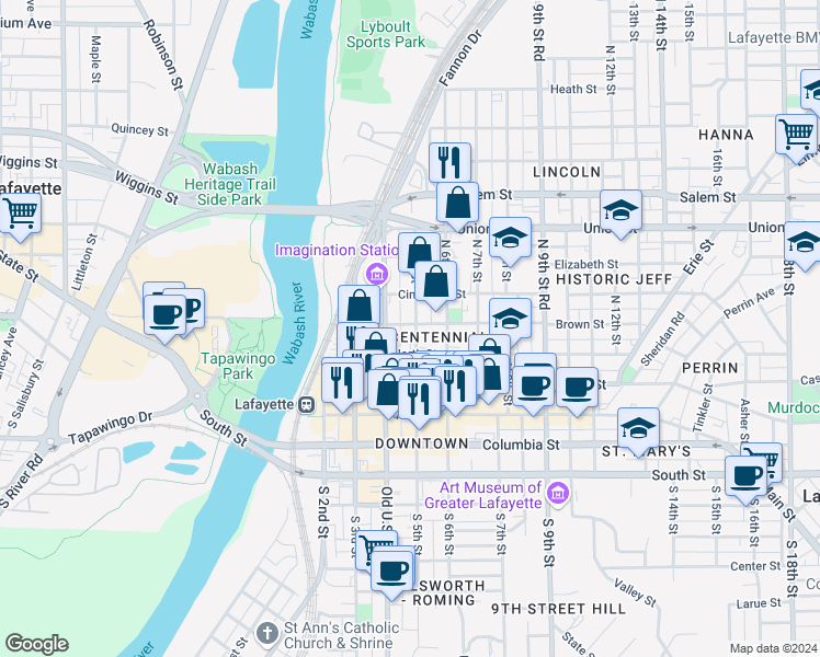 map of restaurants, bars, coffee shops, grocery stores, and more near 500 North 5th Street in Lafayette