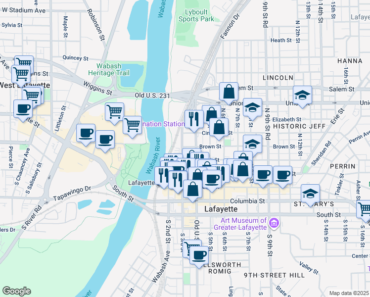 map of restaurants, bars, coffee shops, grocery stores, and more near 325 Brown Street in Lafayette