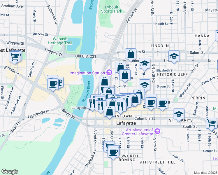 map of restaurants, bars, coffee shops, grocery stores, and more near 385 Brown Street in Lafayette