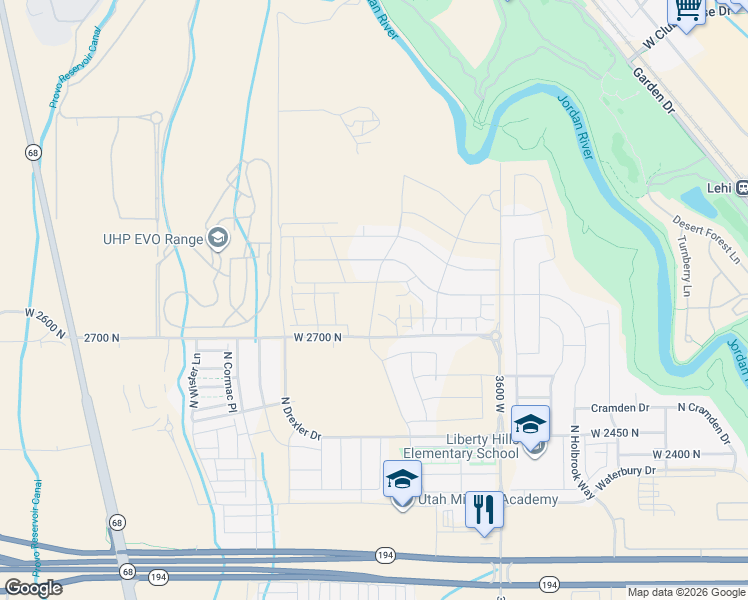 map of restaurants, bars, coffee shops, grocery stores, and more near 2794 North Twin Flower Way in Lehi