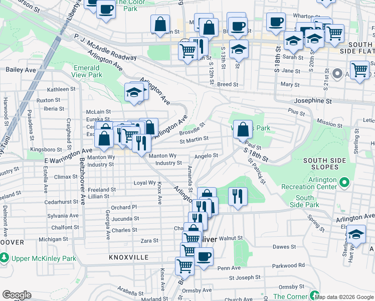 map of restaurants, bars, coffee shops, grocery stores, and more near 969 East Warrington Avenue in Pittsburgh