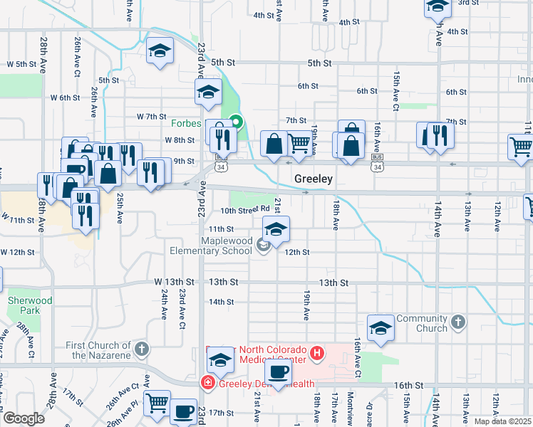 map of restaurants, bars, coffee shops, grocery stores, and more near 2110 10th Street Road in Greeley