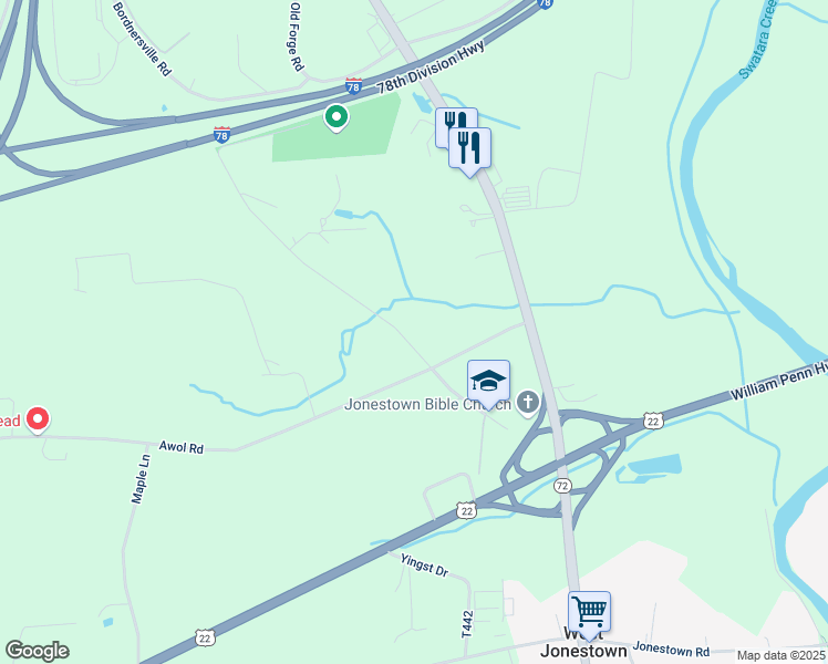 map of restaurants, bars, coffee shops, grocery stores, and more near 68 Silvertown Road in Jonestown