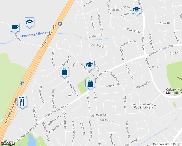 map of restaurants, bars, coffee shops, grocery stores, and more near 6 Hardenburg Lane in East Brunswick
