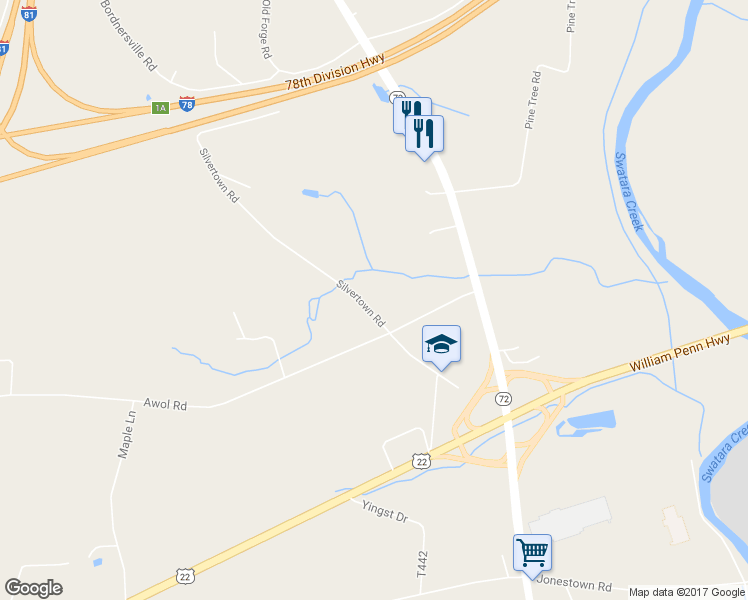 map of restaurants, bars, coffee shops, grocery stores, and more near 68 Silvertown Road in Jonestown
