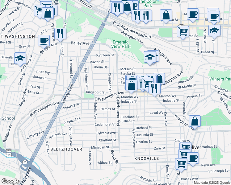 map of restaurants, bars, coffee shops, grocery stores, and more near in Pittsburgh