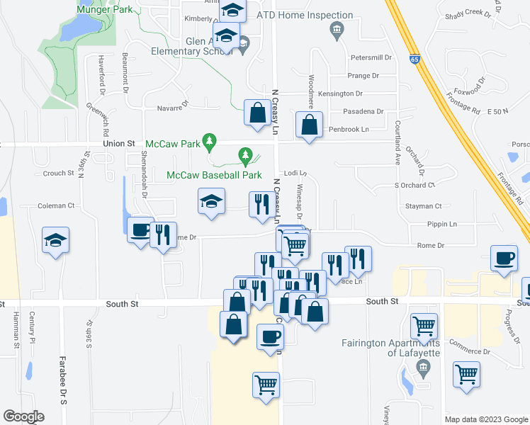map of restaurants, bars, coffee shops, grocery stores, and more near 3725 Ashley Oaks Drive in Lafayette
