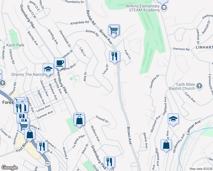 map of restaurants, bars, coffee shops, grocery stores, and more near 521 Lucia Drive in Pittsburgh