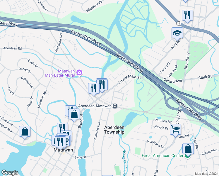 map of restaurants, bars, coffee shops, grocery stores, and more near 12 Main Street in Matawan