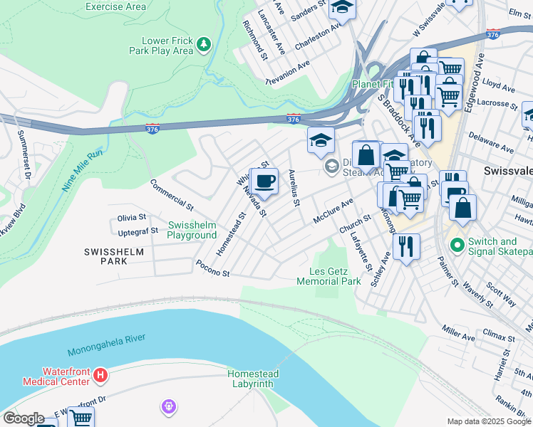 map of restaurants, bars, coffee shops, grocery stores, and more near 1701 Nevada Street in Pittsburgh