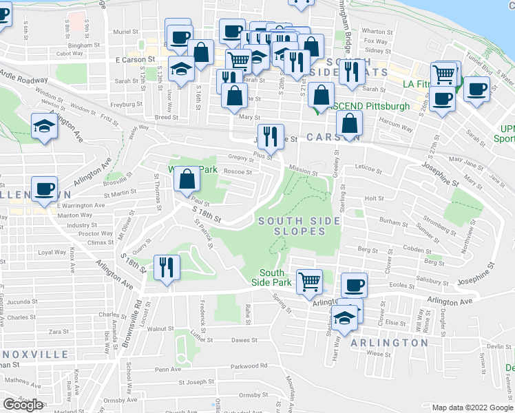 map of restaurants, bars, coffee shops, grocery stores, and more near 2621 South 18th Street in Pittsburgh