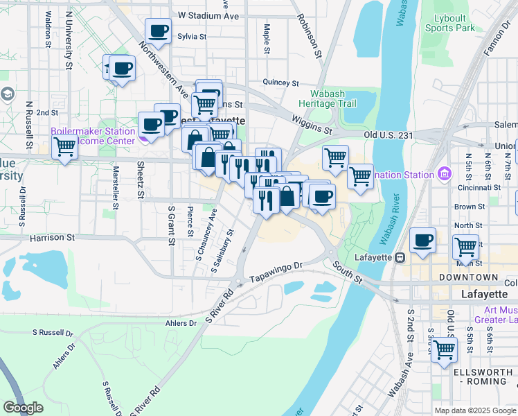 map of restaurants, bars, coffee shops, grocery stores, and more near 111 South River Road in West Lafayette