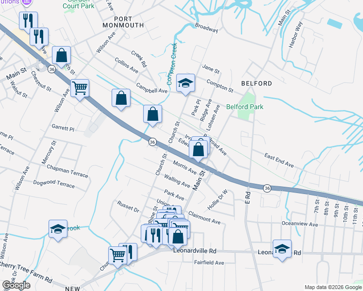 map of restaurants, bars, coffee shops, grocery stores, and more near 263 Church Street in Belford