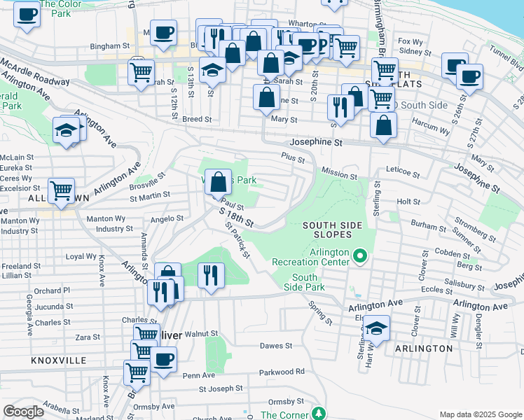 map of restaurants, bars, coffee shops, grocery stores, and more near 1822 Saint Paul Street in Pittsburgh