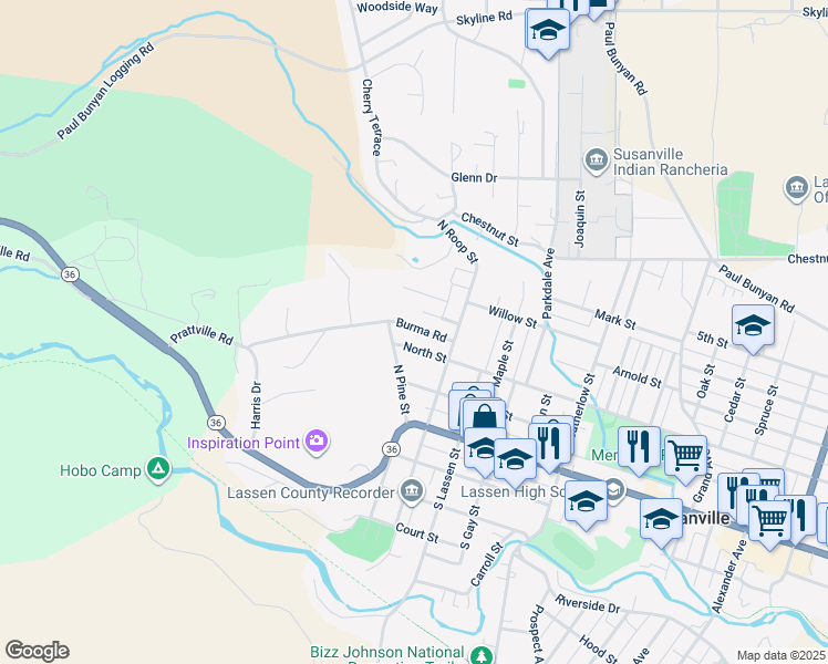 map of restaurants, bars, coffee shops, grocery stores, and more near 540 Burma Road in Susanville