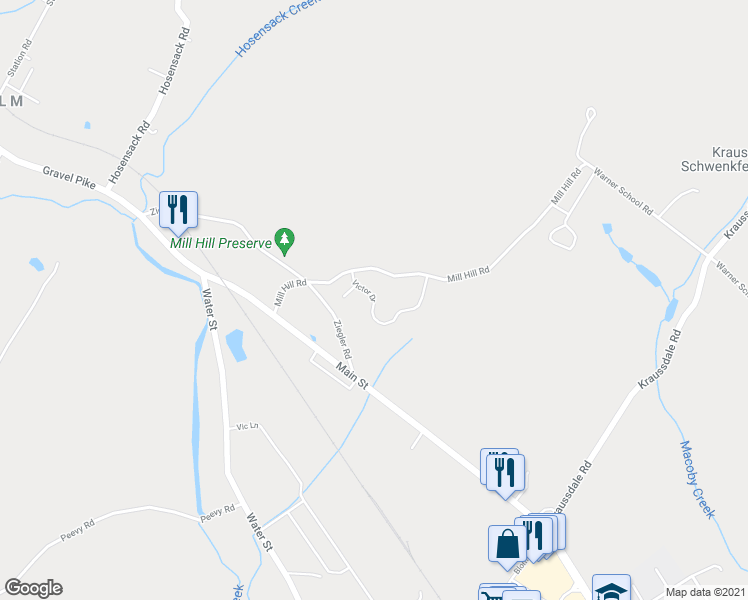 map of restaurants, bars, coffee shops, grocery stores, and more near Victor Drive in East Greenville
