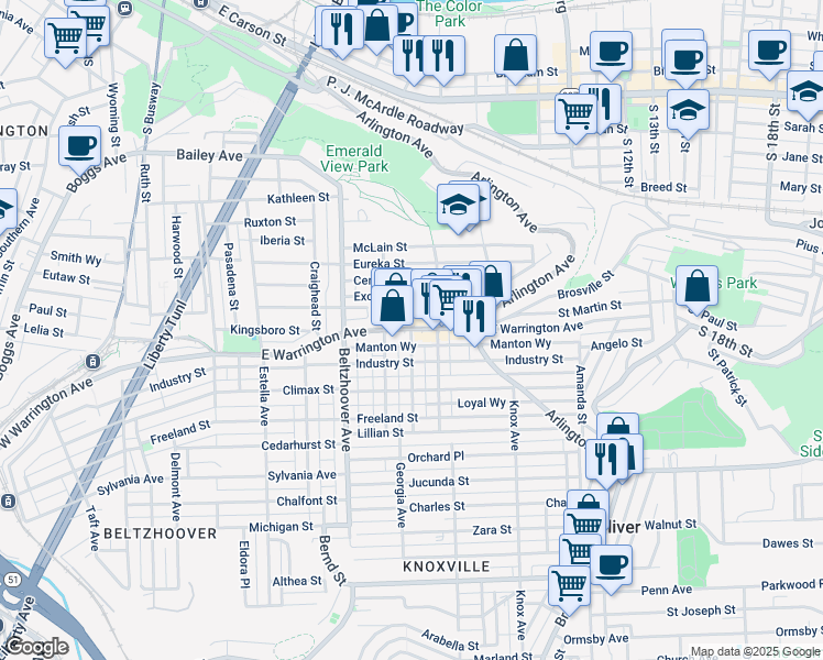 map of restaurants, bars, coffee shops, grocery stores, and more near 24 Walter Street in Pittsburgh