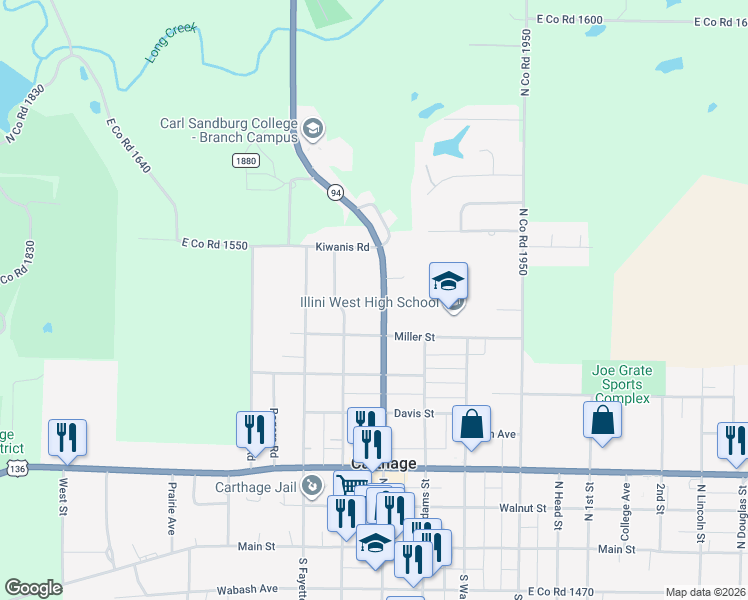 map of restaurants, bars, coffee shops, grocery stores, and more near 527 North Madison Street in Carthage
