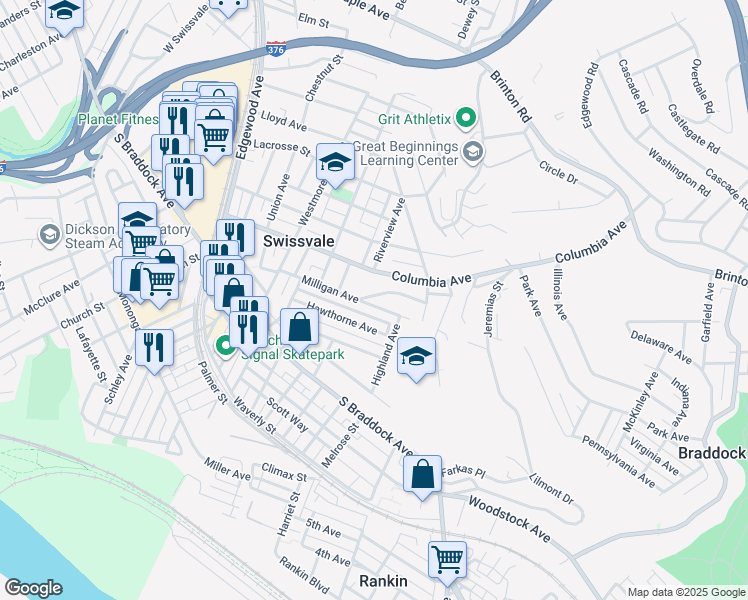 map of restaurants, bars, coffee shops, grocery stores, and more near 2302 Patterson Avenue in Swissvale