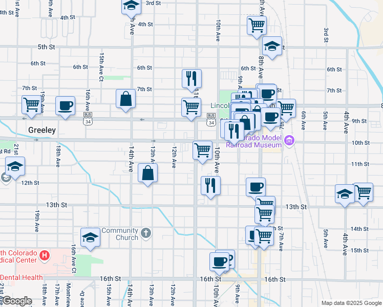 map of restaurants, bars, coffee shops, grocery stores, and more near 1015 11th Avenue in Greeley