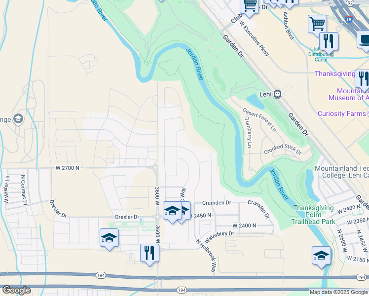map of restaurants, bars, coffee shops, grocery stores, and more near 3731 North Holbrook Way in Lehi