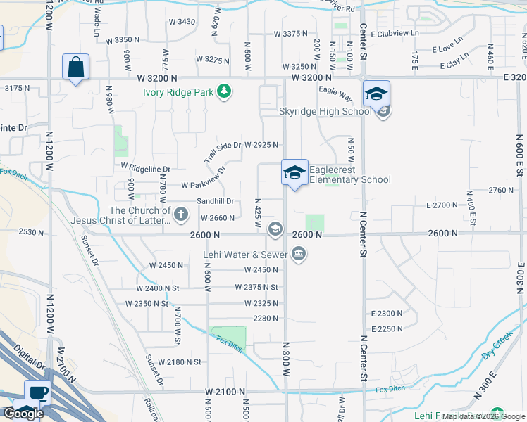 map of restaurants, bars, coffee shops, grocery stores, and more near 398 West 2660 North in Lehi