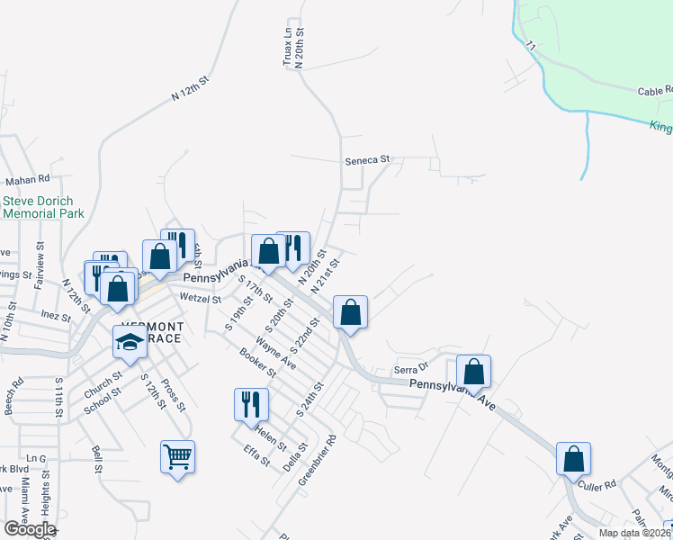 map of restaurants, bars, coffee shops, grocery stores, and more near 134 North 20th Street in Weirton