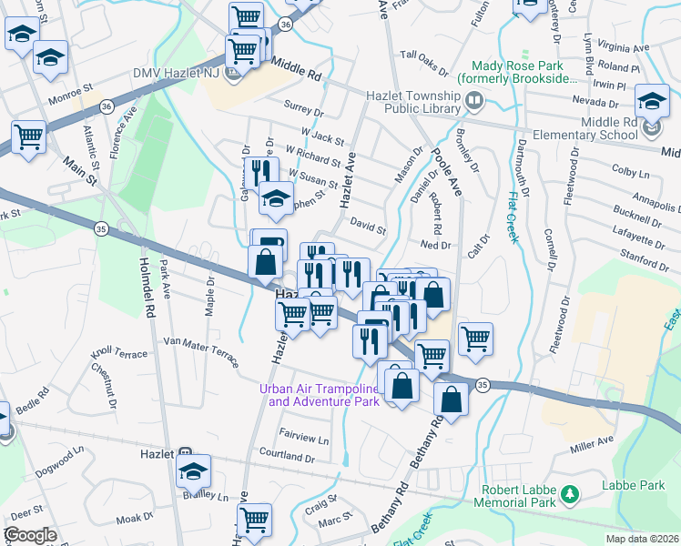 map of restaurants, bars, coffee shops, grocery stores, and more near 3121 New Jersey 35 in Hazlet