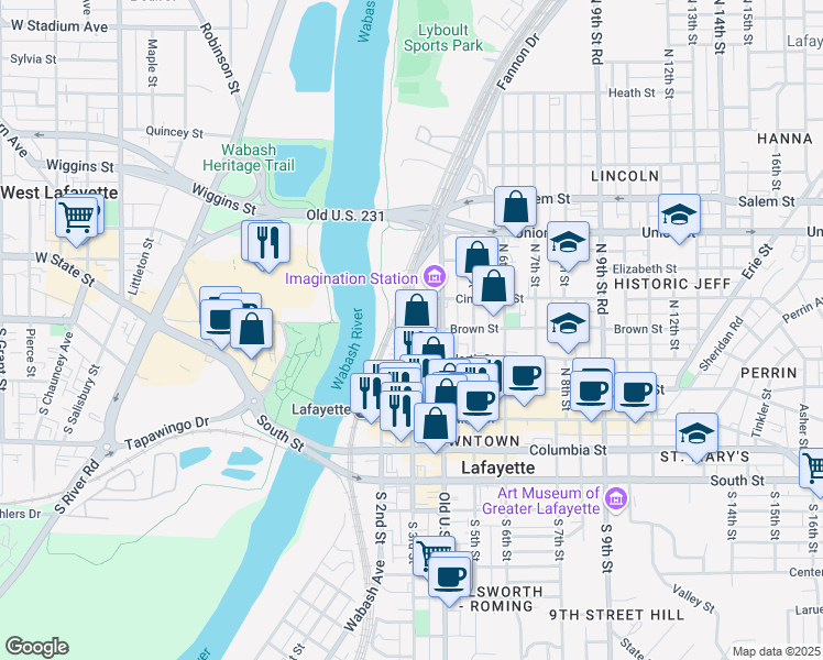 map of restaurants, bars, coffee shops, grocery stores, and more near N 3rd St in Lafayette
