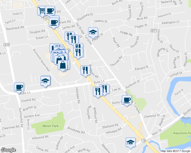 map of restaurants, bars, coffee shops, grocery stores, and more near 6 Burnham Road in East Brunswick