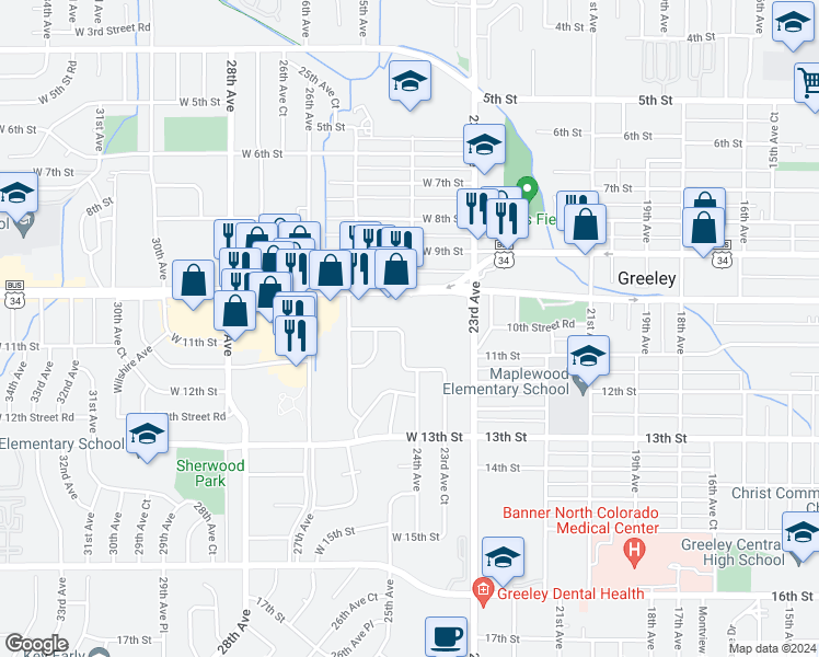 map of restaurants, bars, coffee shops, grocery stores, and more near 2435 West 11th Street in Greeley