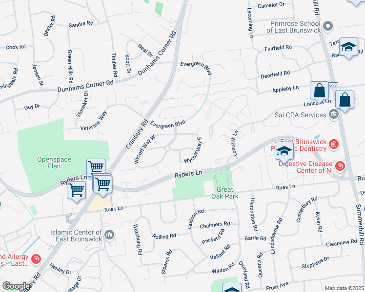 map of restaurants, bars, coffee shops, grocery stores, and more near in East Brunswick