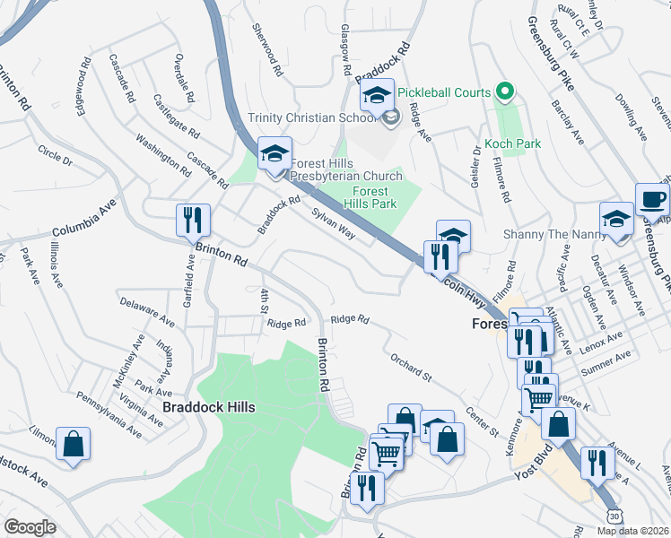map of restaurants, bars, coffee shops, grocery stores, and more near 134 Fairfax Road in Pittsburgh