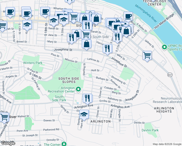 map of restaurants, bars, coffee shops, grocery stores, and more near 2410 Holt Street in Pittsburgh
